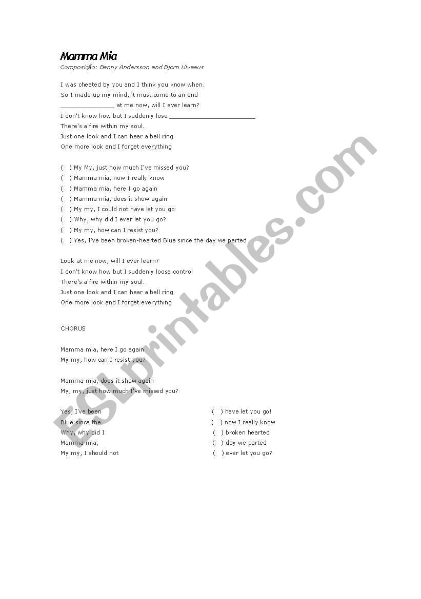 song activity mamma mia worksheet