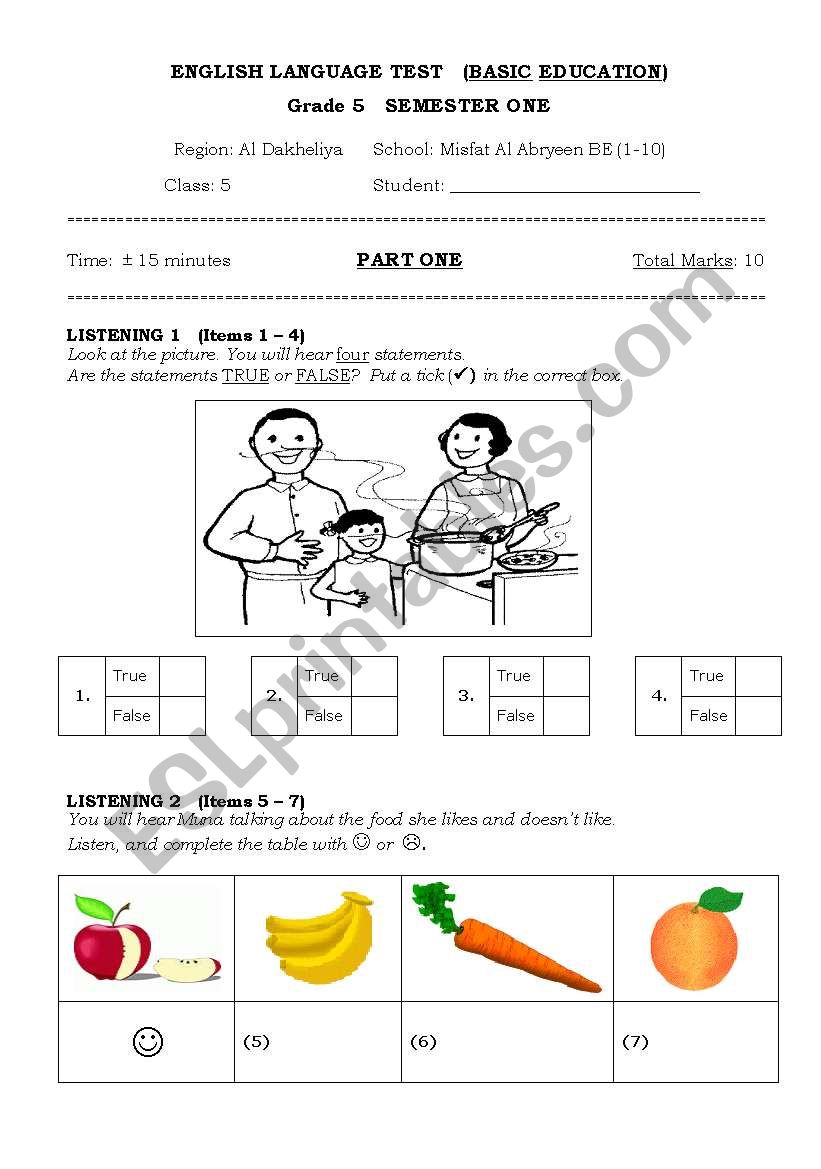 test for elementry grades worksheet