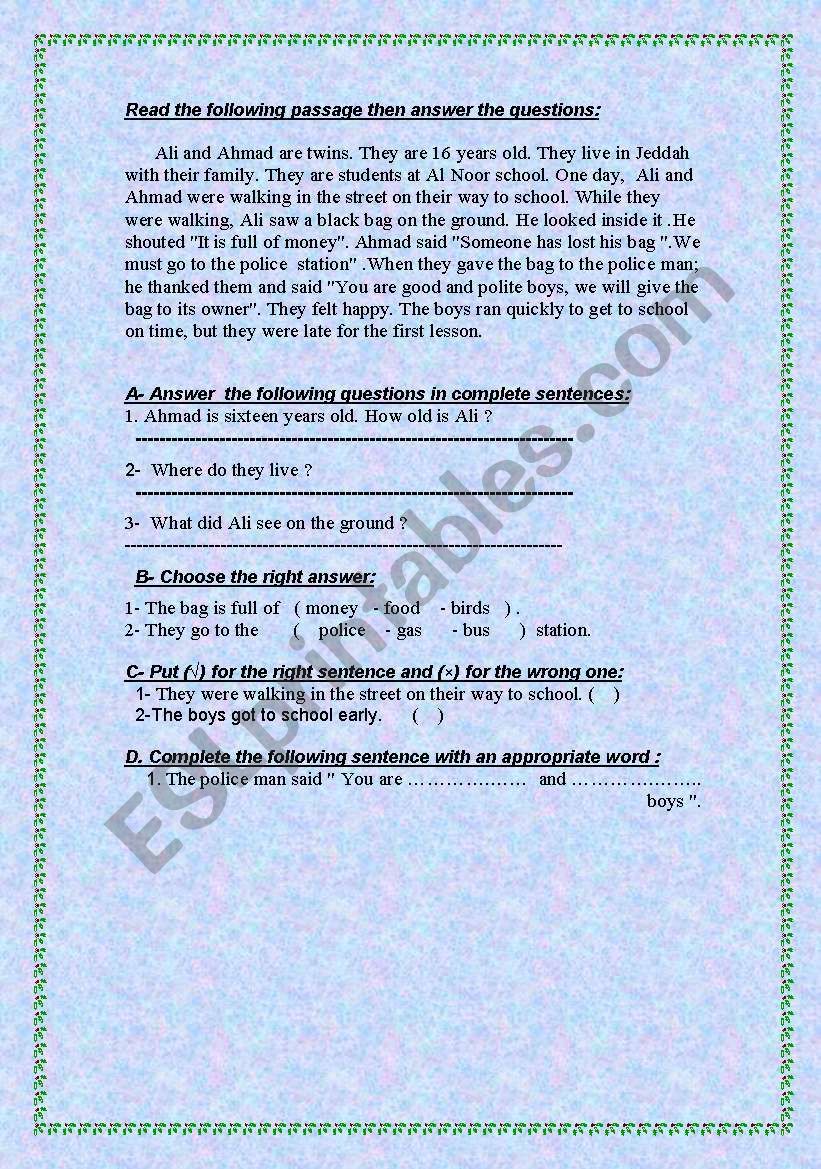 Reading -  The twins worksheet