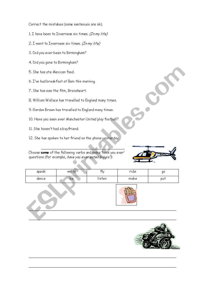 Present perfect - correct the mistakes and question formation practice