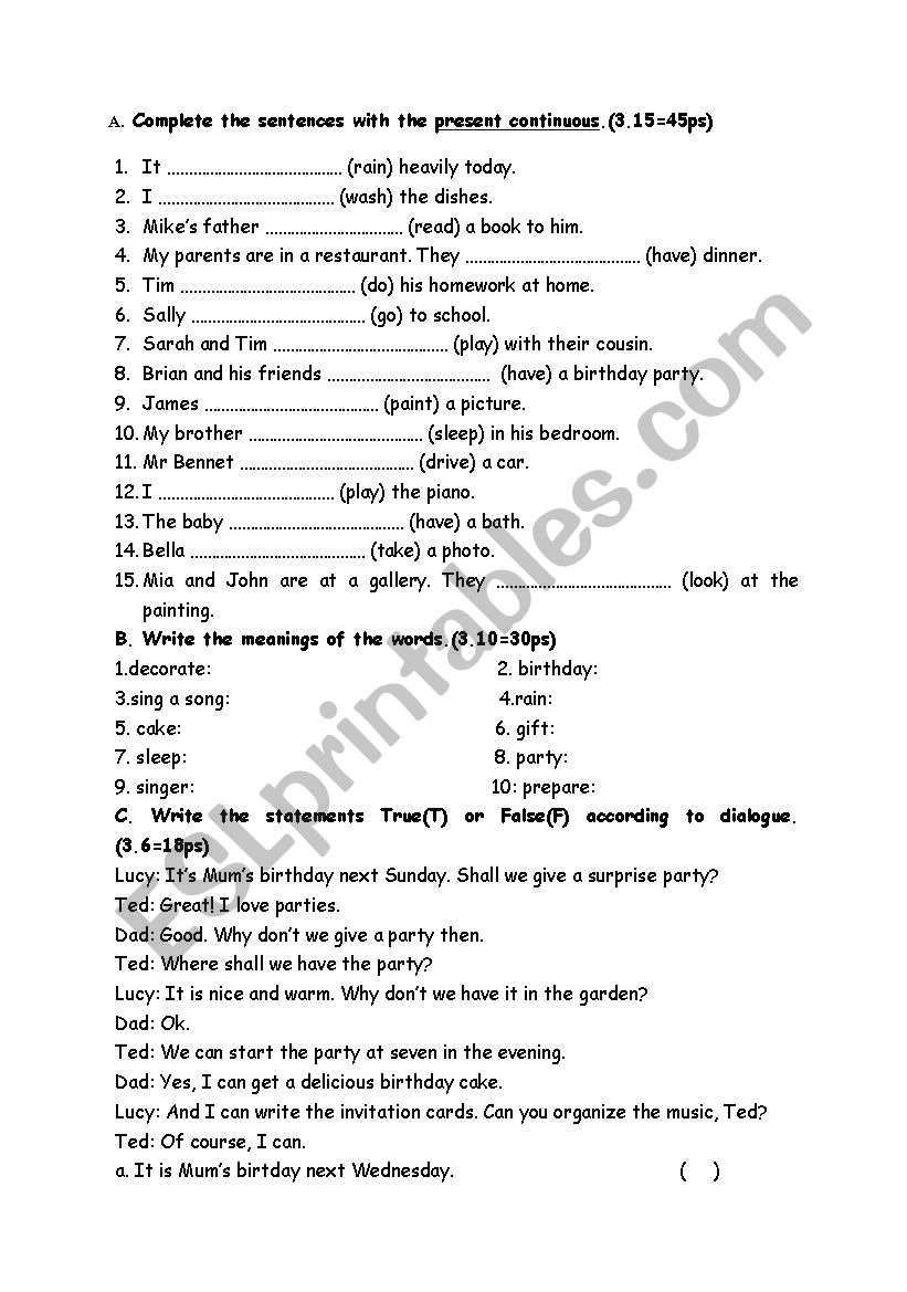revision test  elemantary worksheet