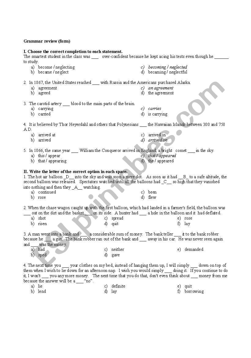 Grammar quiz (toefl format) worksheet