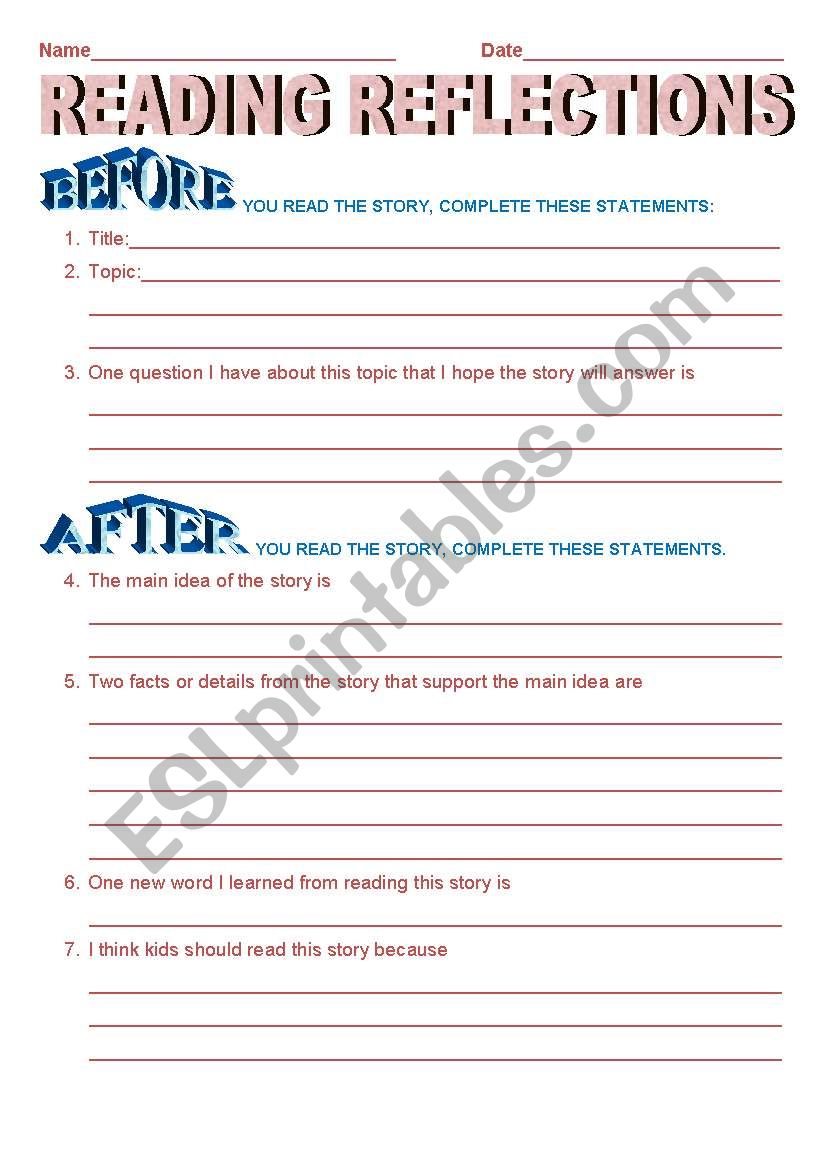 reading reflections worksheet