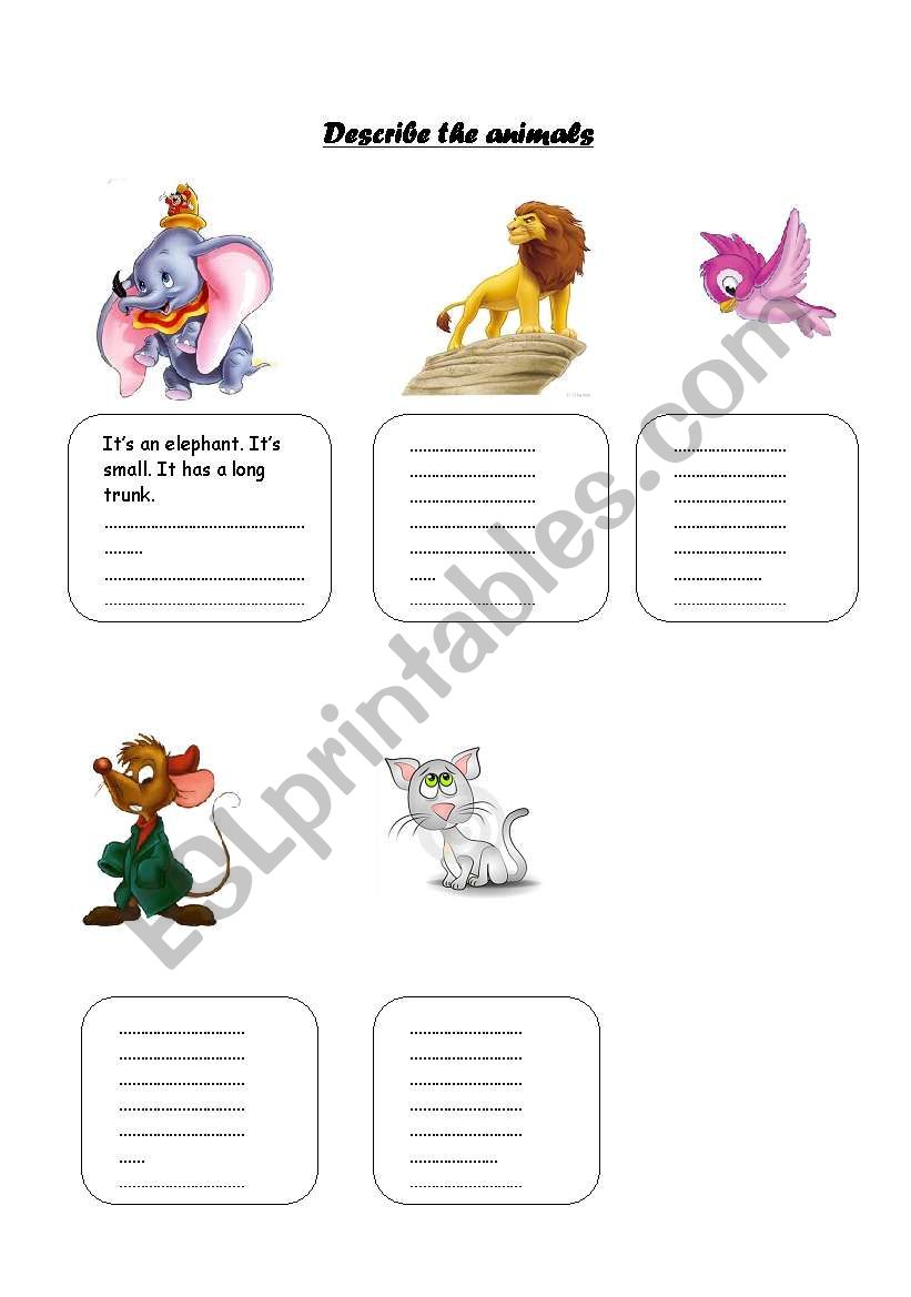 Describe the animals worksheet