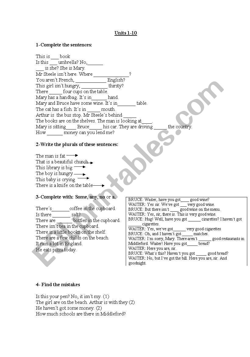 Some, any, no, a and plurals worksheet