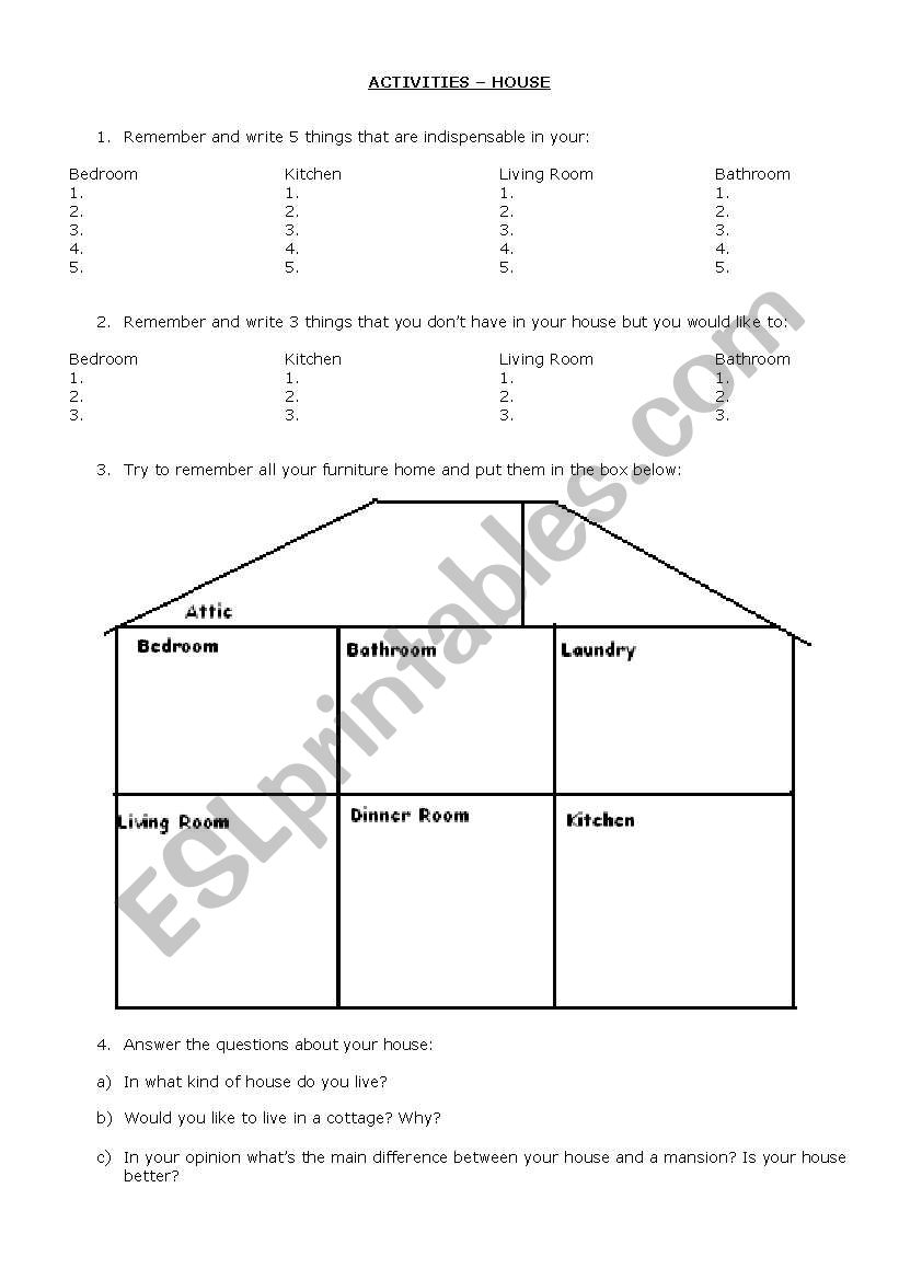 House activity worksheet