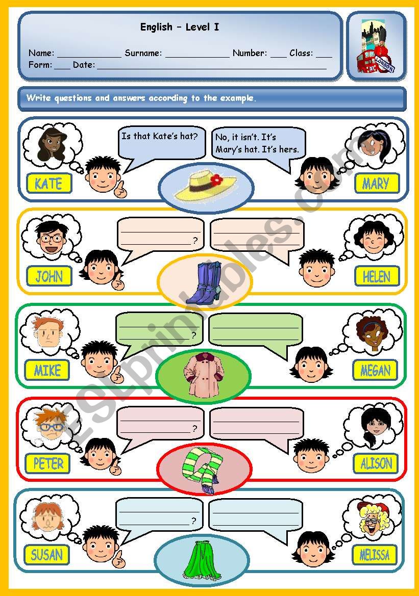 Possessive Case Pronouns Worksheets