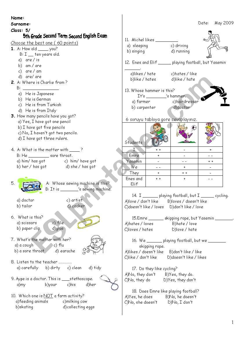 exam for 5th grade worksheet