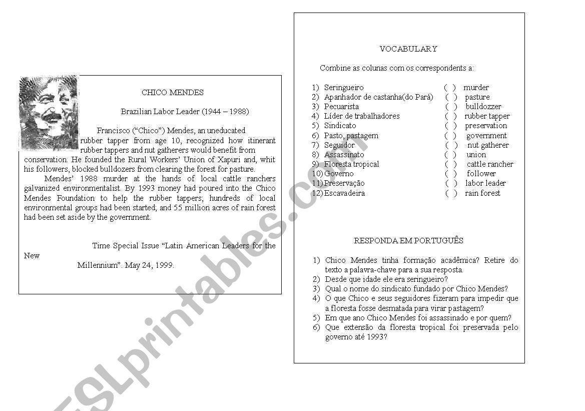 Chico Mendes worksheet