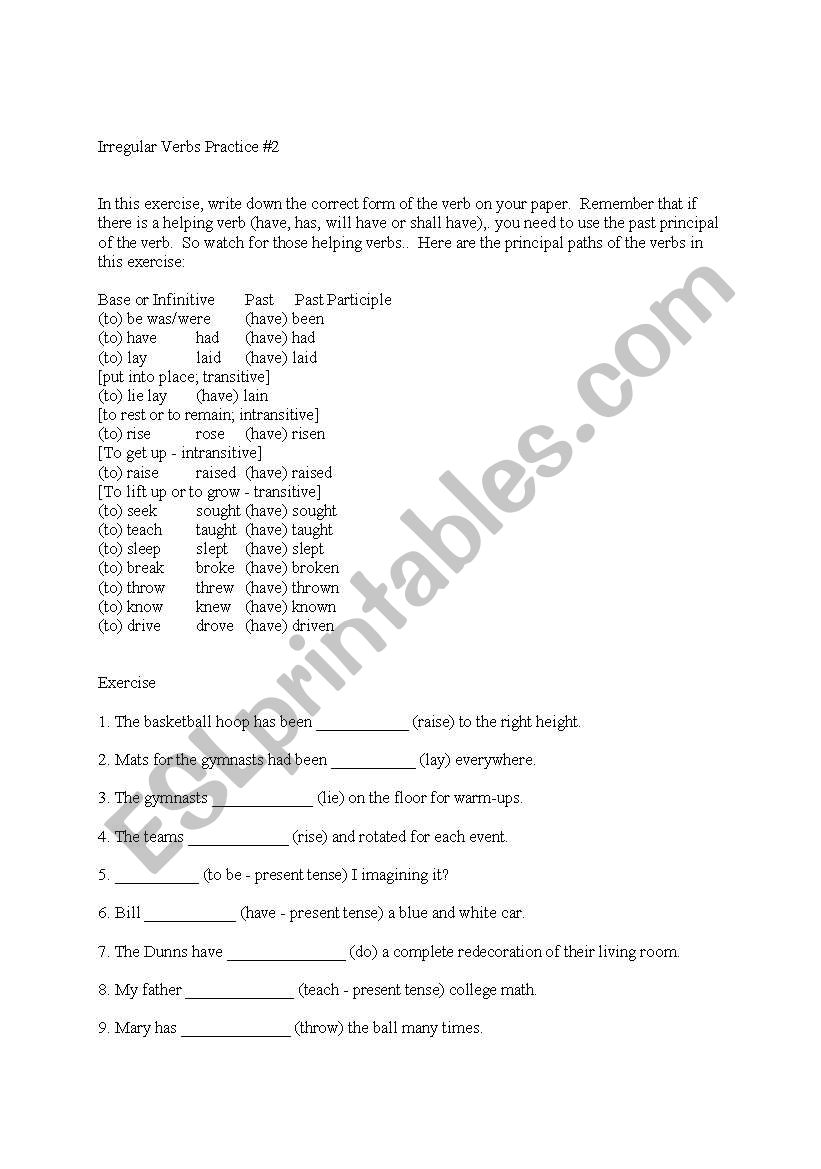 irregular verbs  worksheet