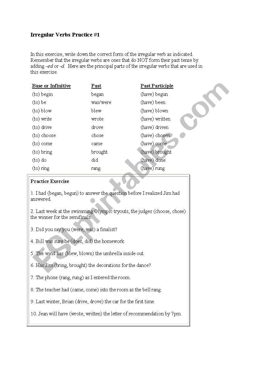 irregular verbs  worksheet