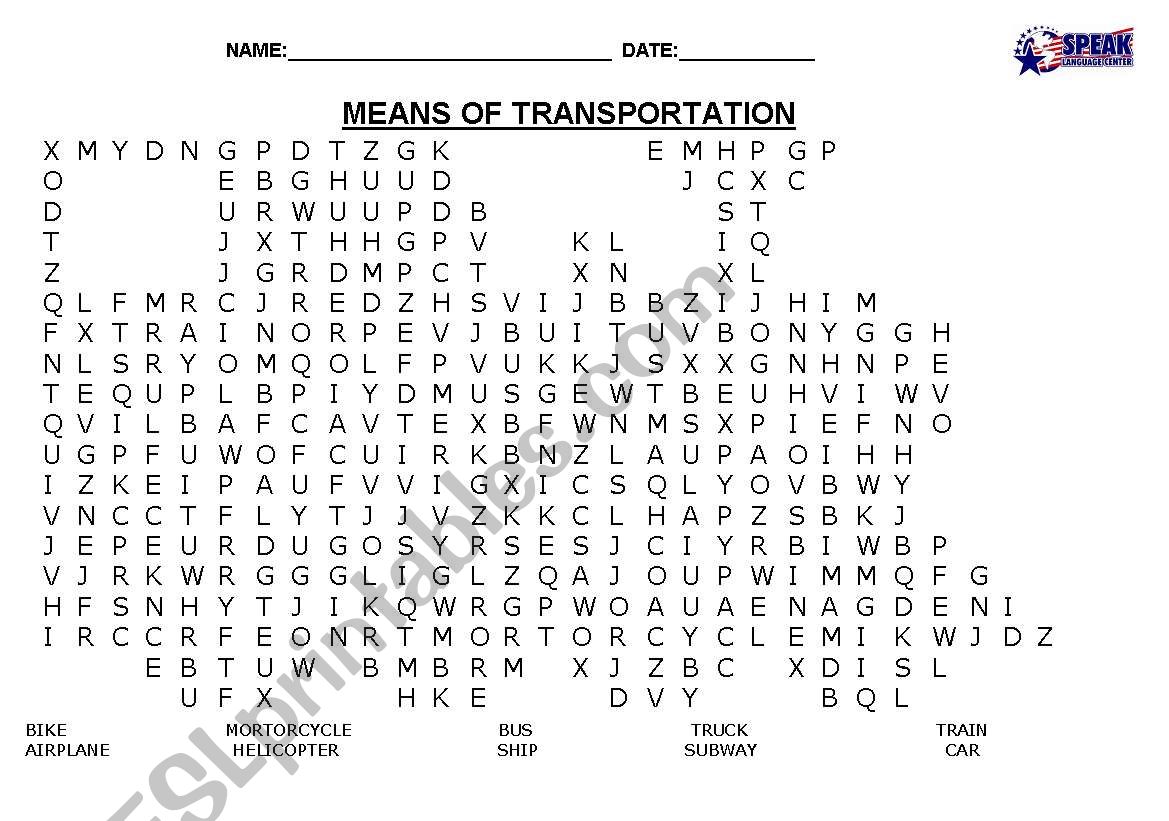 MEANS OF TRANSPORTATION WORD SEARCH