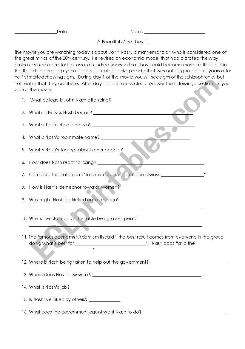 A Beautiful Mind worksheet