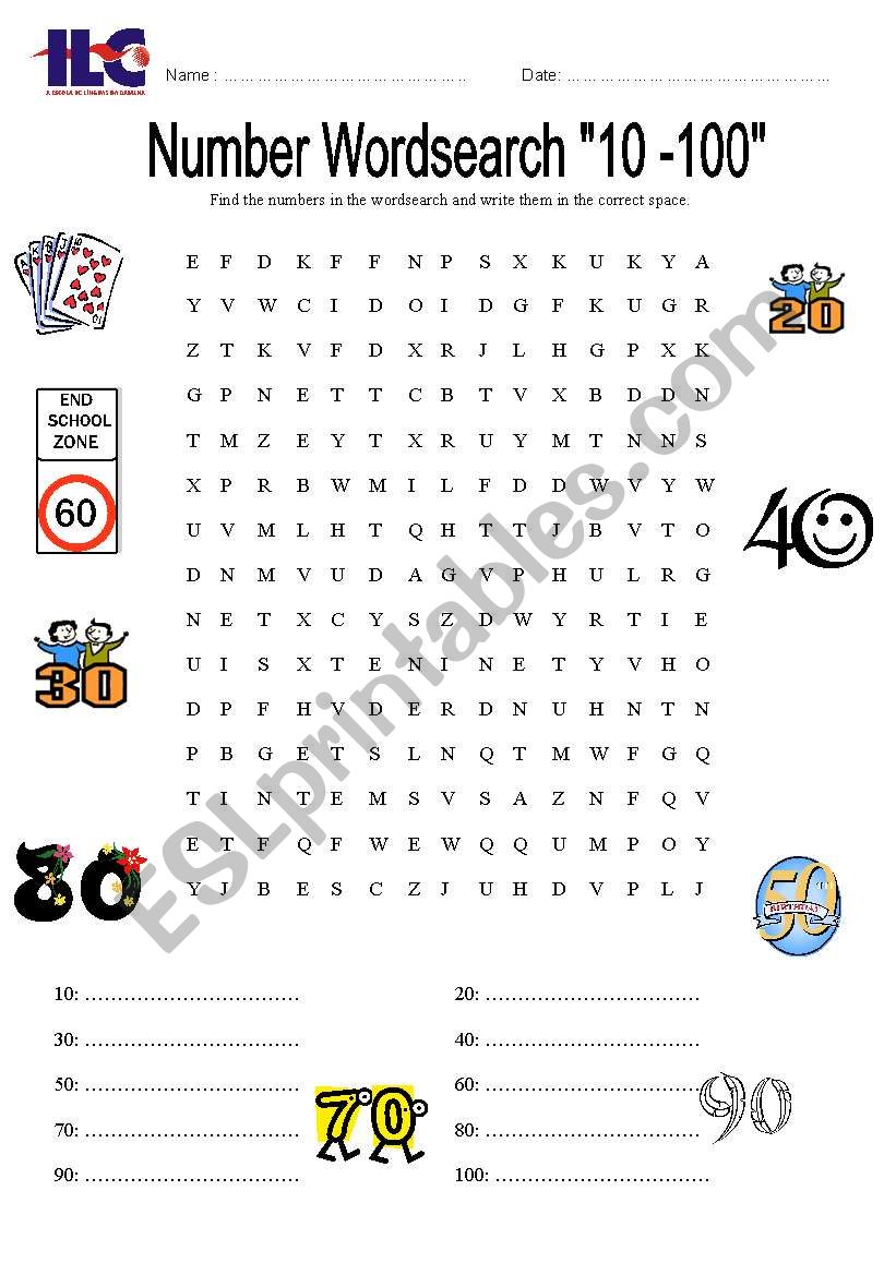 10-100 Wordsearch worksheet