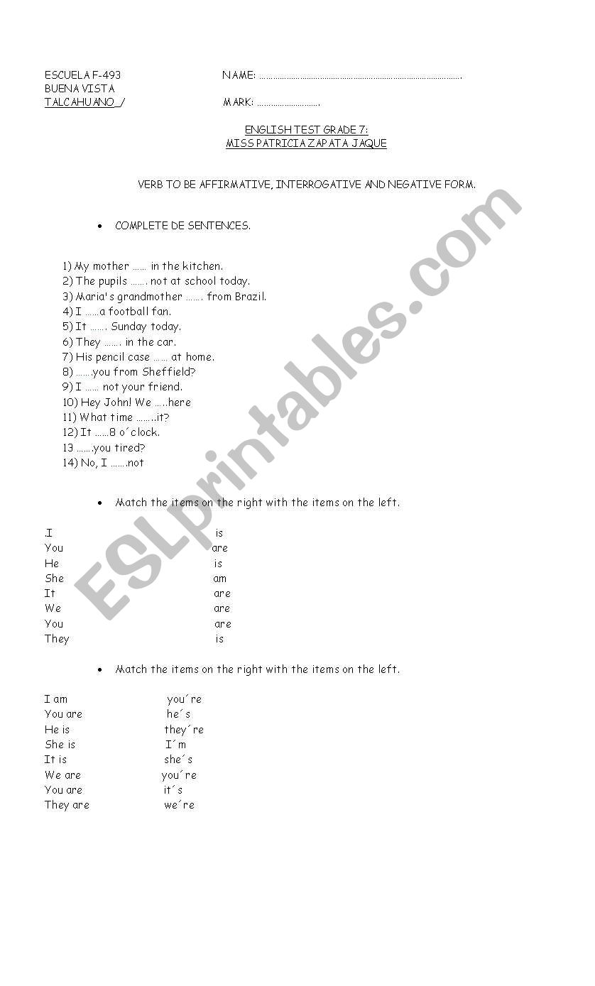 Test Verb To be worksheet