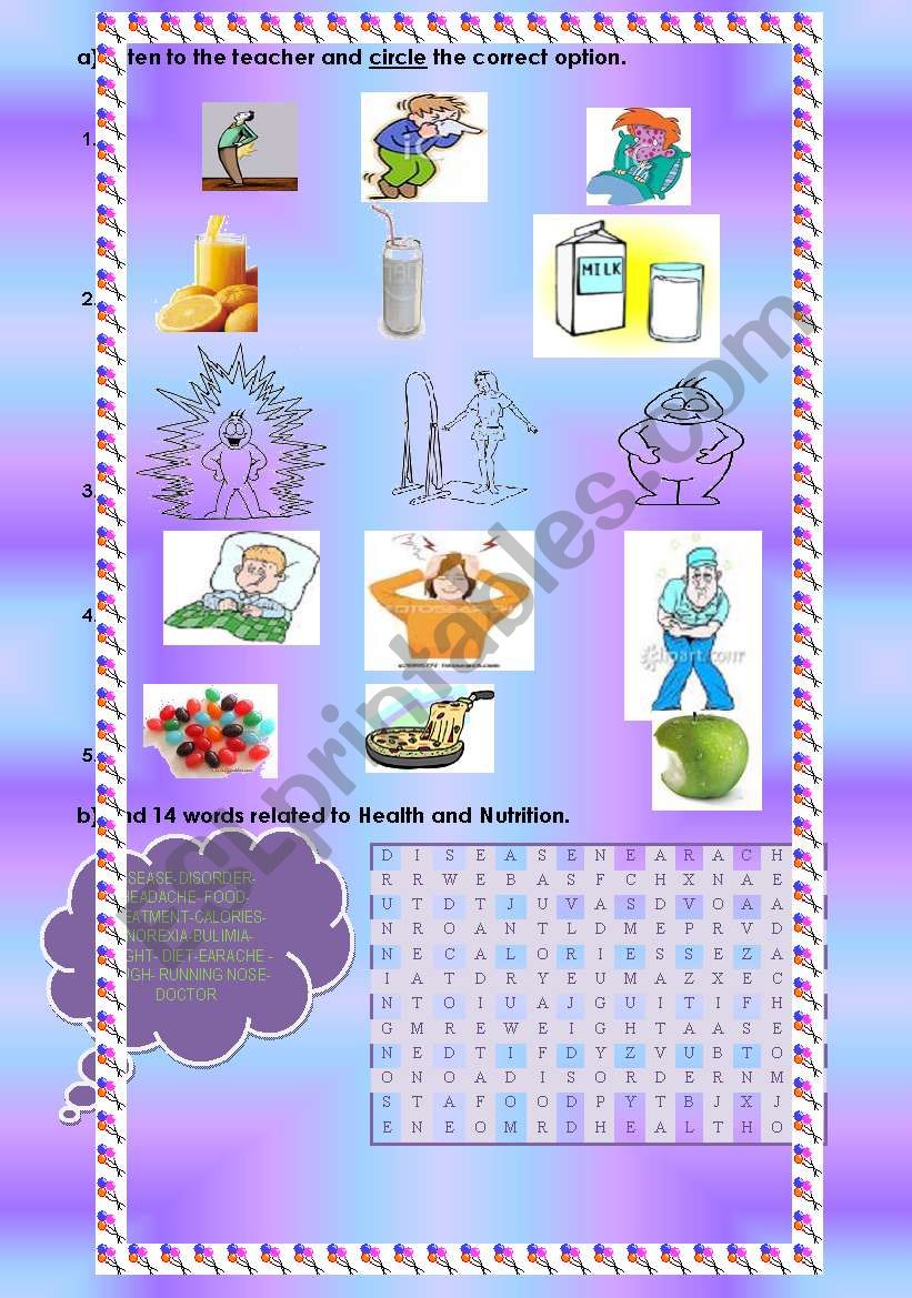 English worksheets Listening activity and crossword Nutrition
