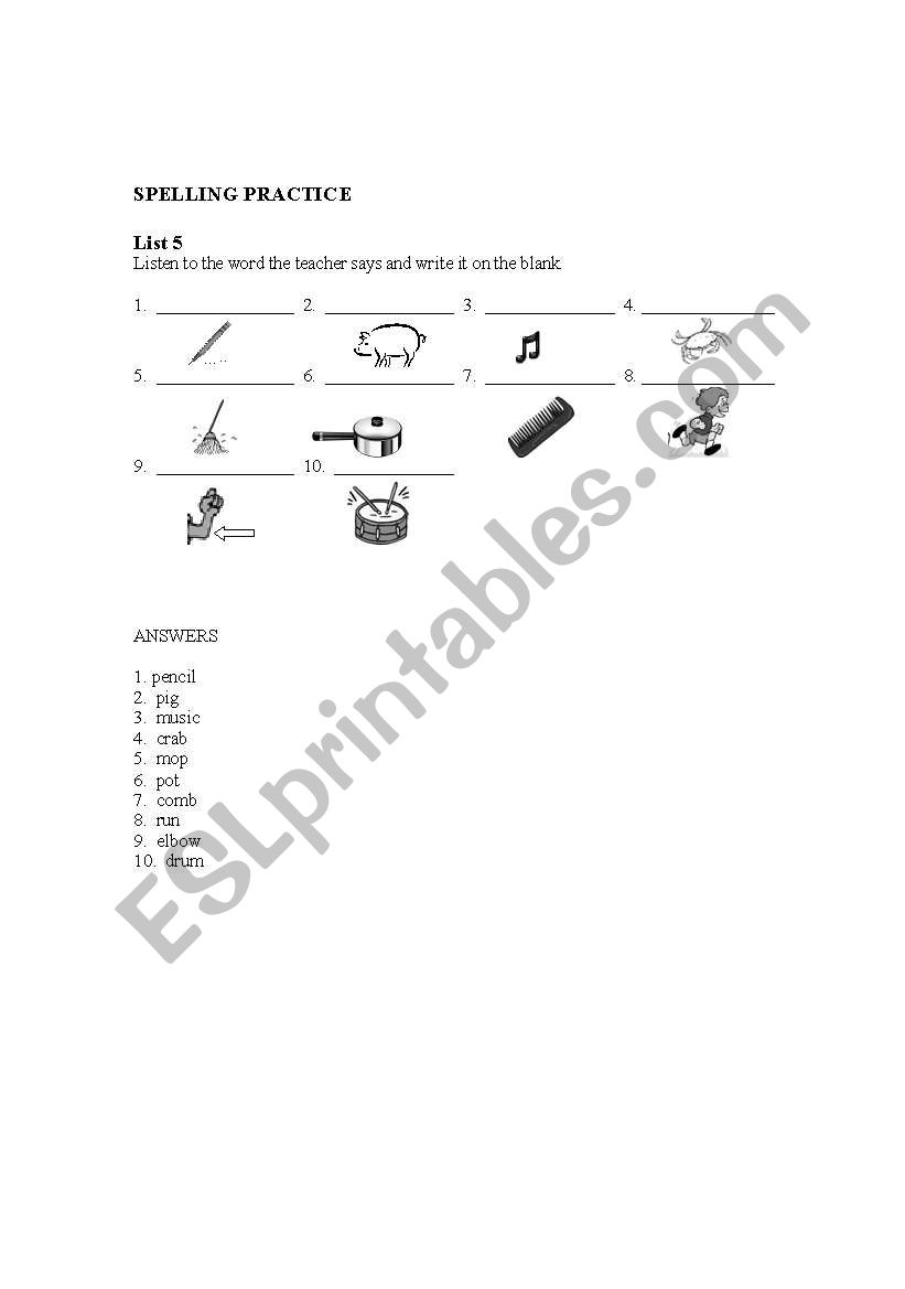 SPELLING PRACTICE List 5 worksheet