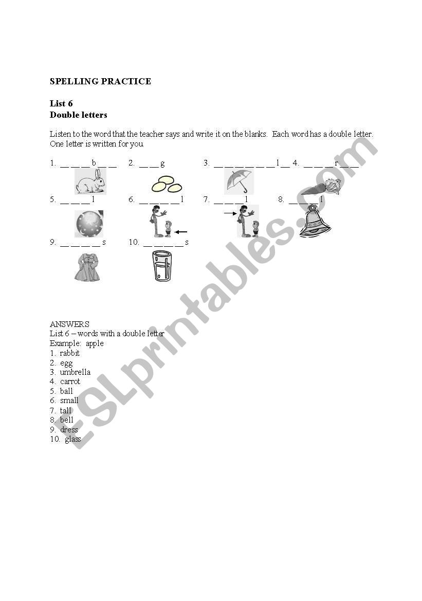 SPELLING PRACTICE - List 6 worksheet