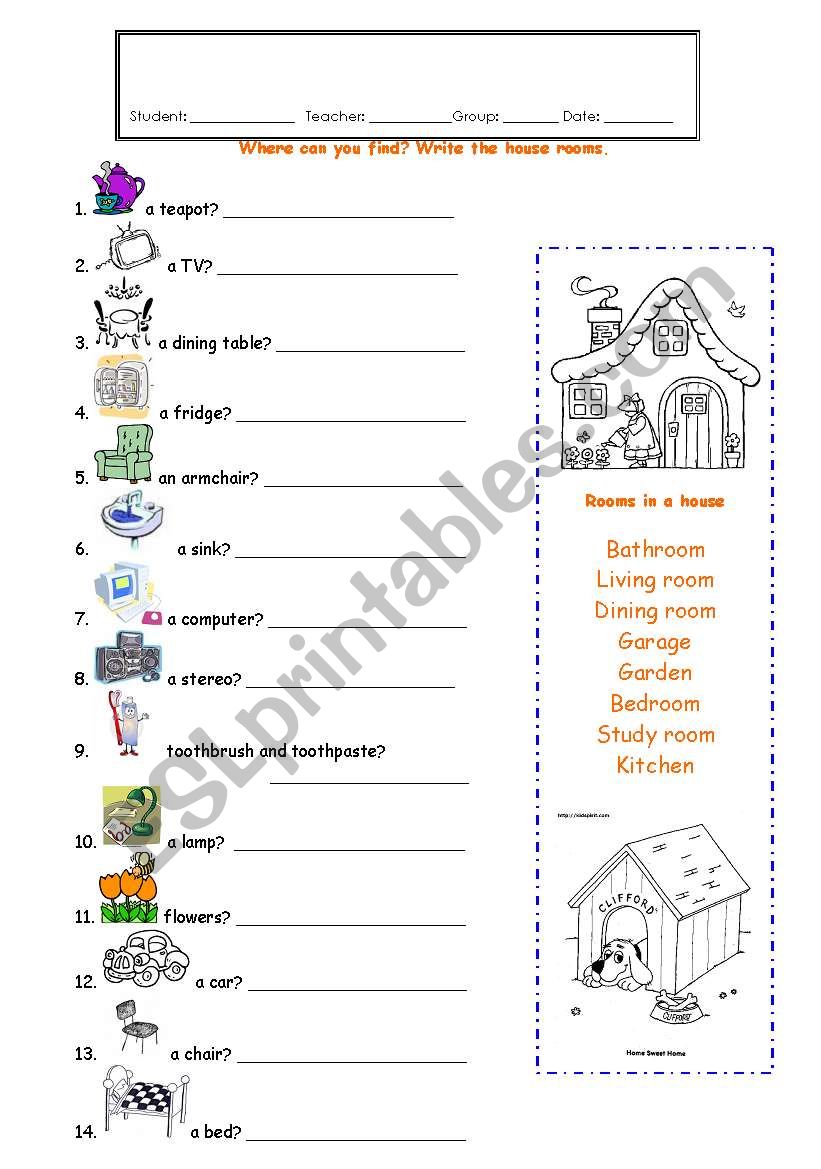 house objects worksheet