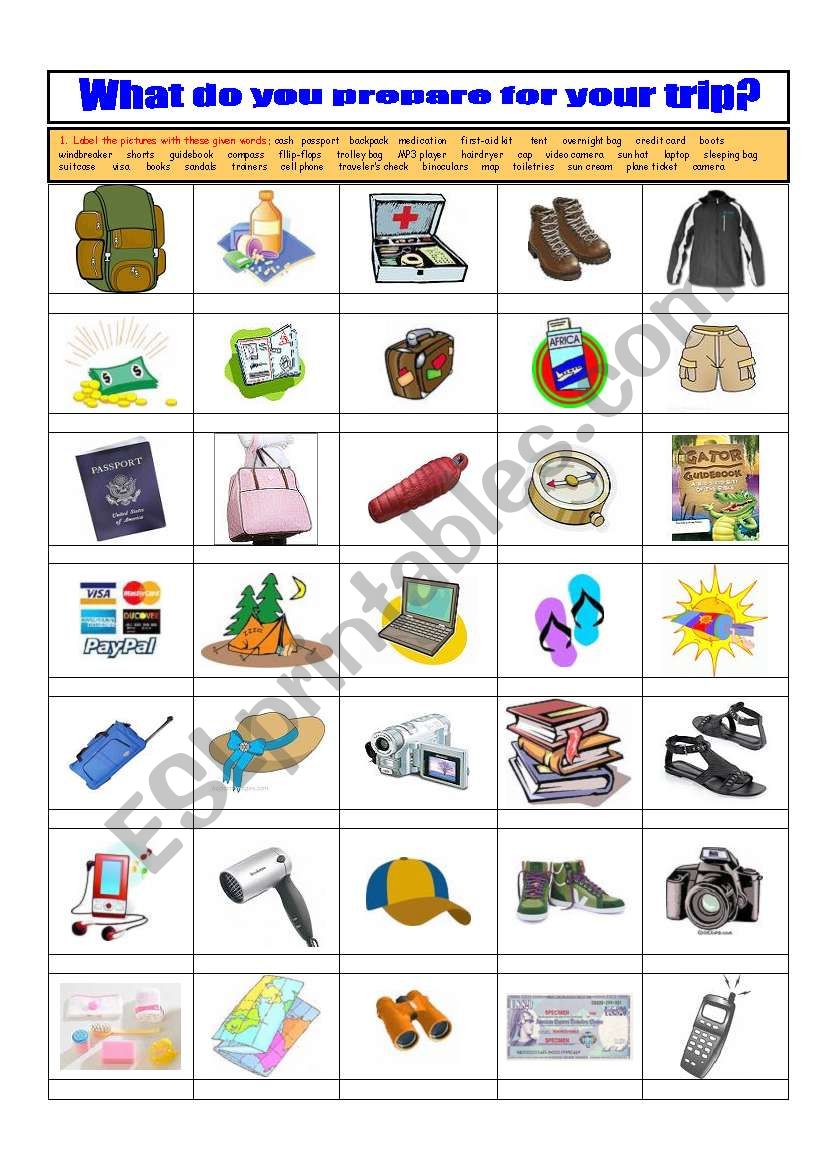 Travel items worksheet