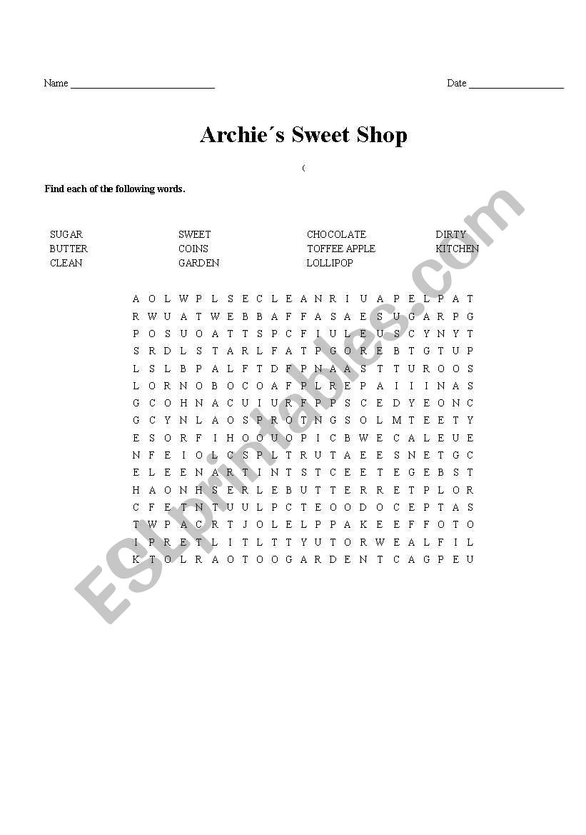 Archies Sweet Shop worksheet