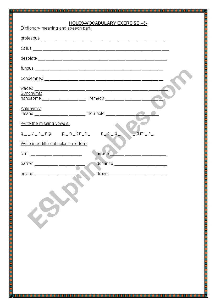 Holes vocabulary exercise 3 worksheet