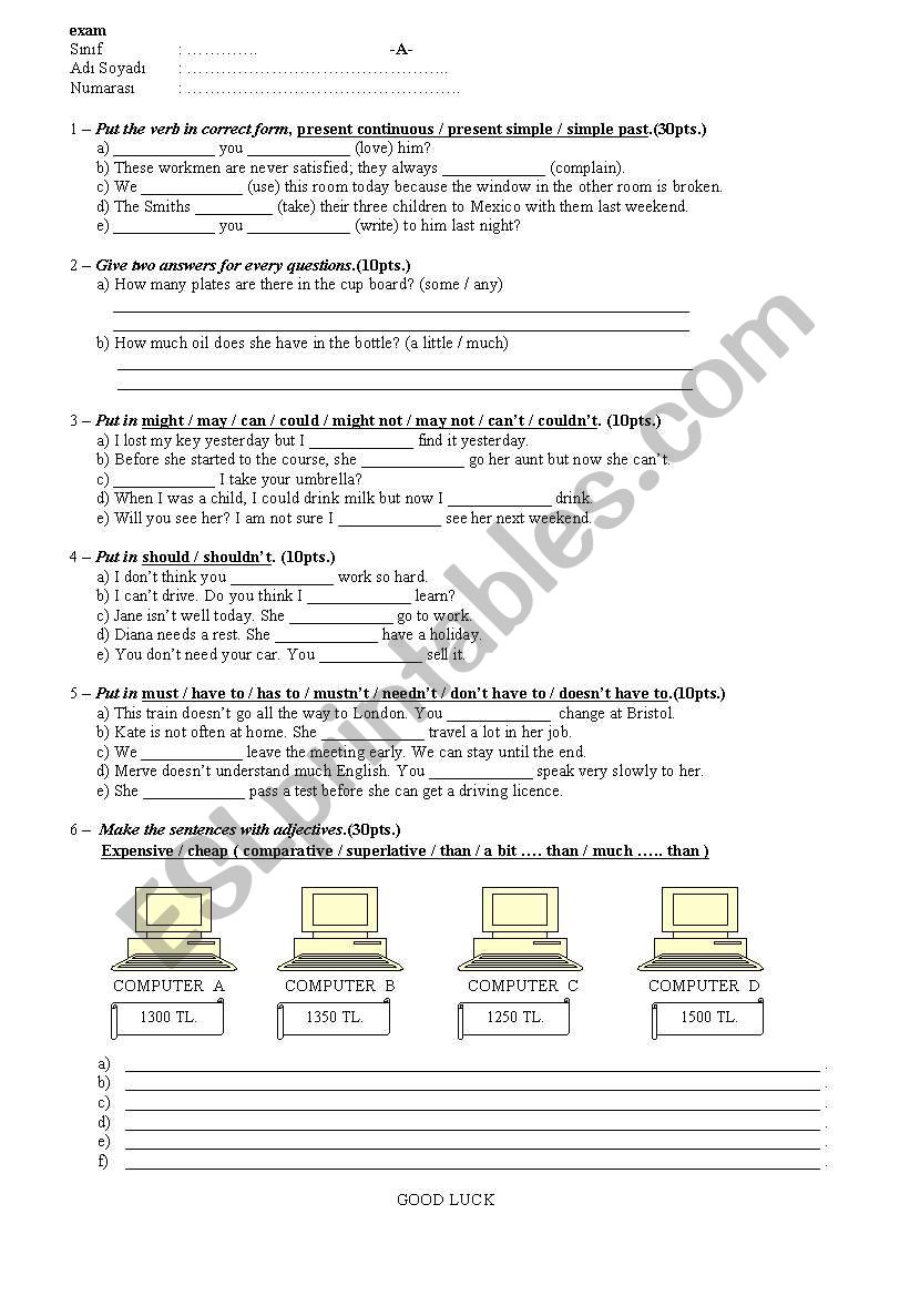 exam (simple past / present - present continuous - modals - quantifiers - comperative / superlative