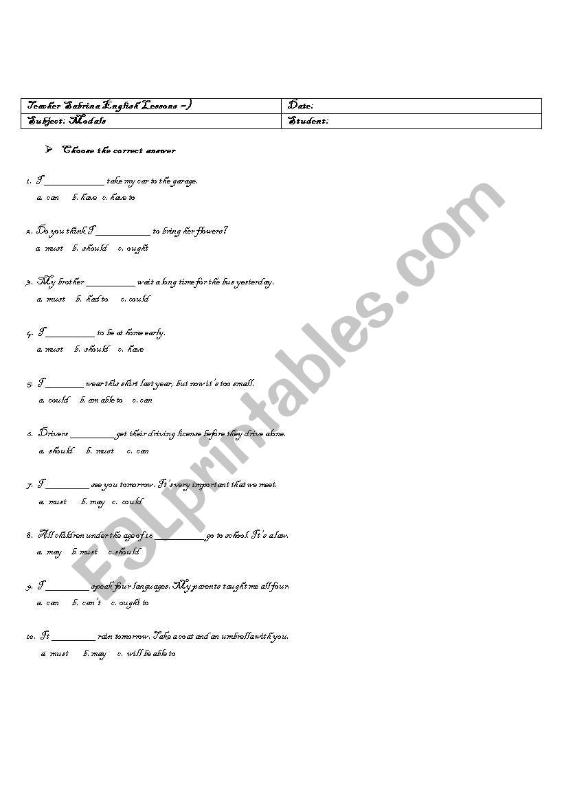Quick quiz on modals. worksheet