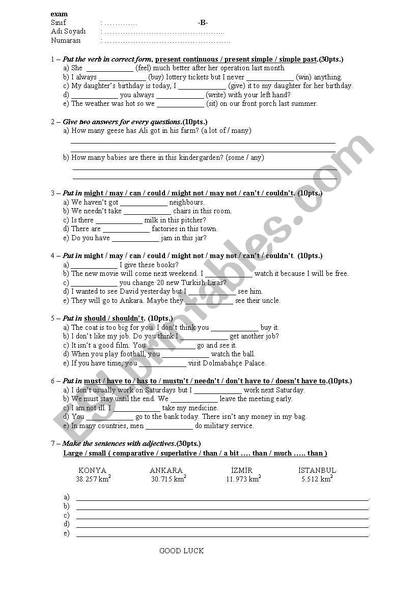 exam (simple past / present - present continuous - modals - quantifiers - comperative / superlative