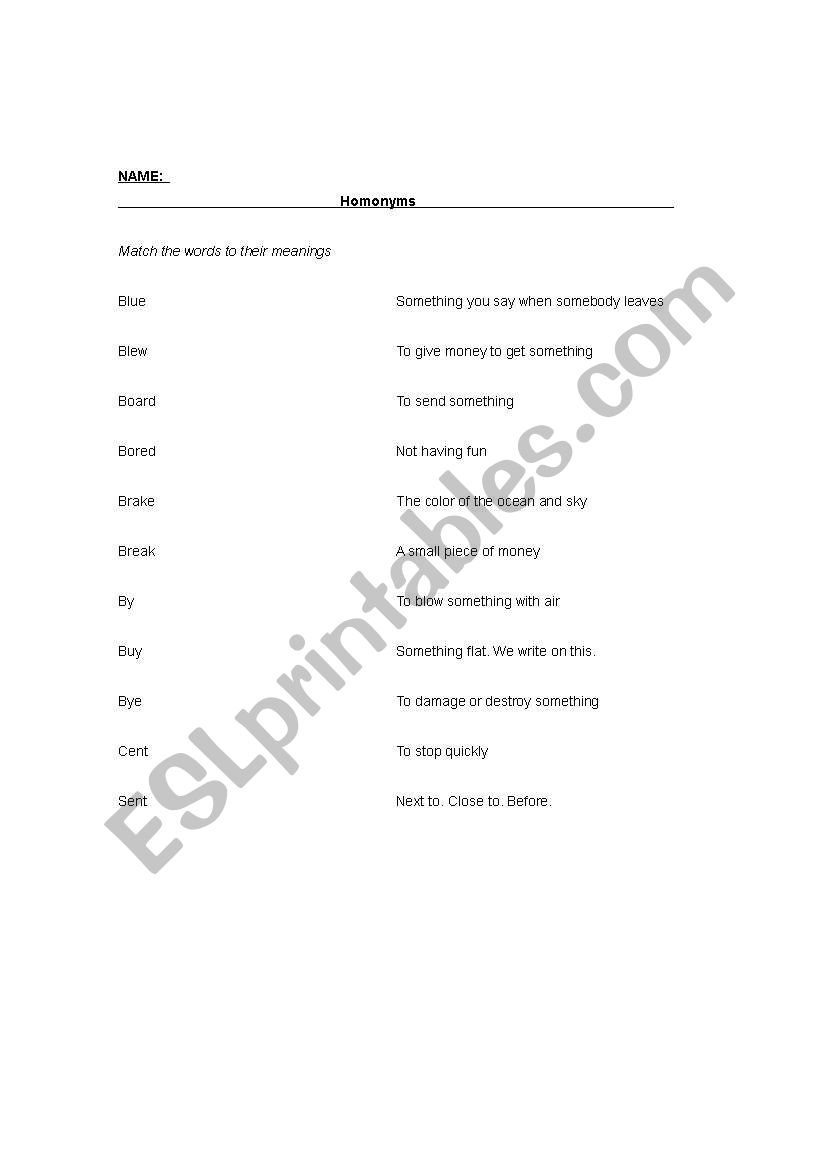 Homonyms and Homophones worksheet