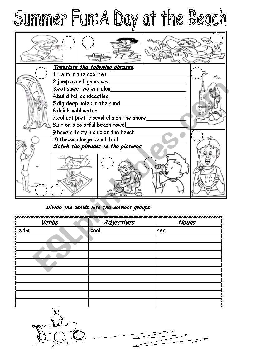 summer fun a day at the beach esl worksheet by ronit85