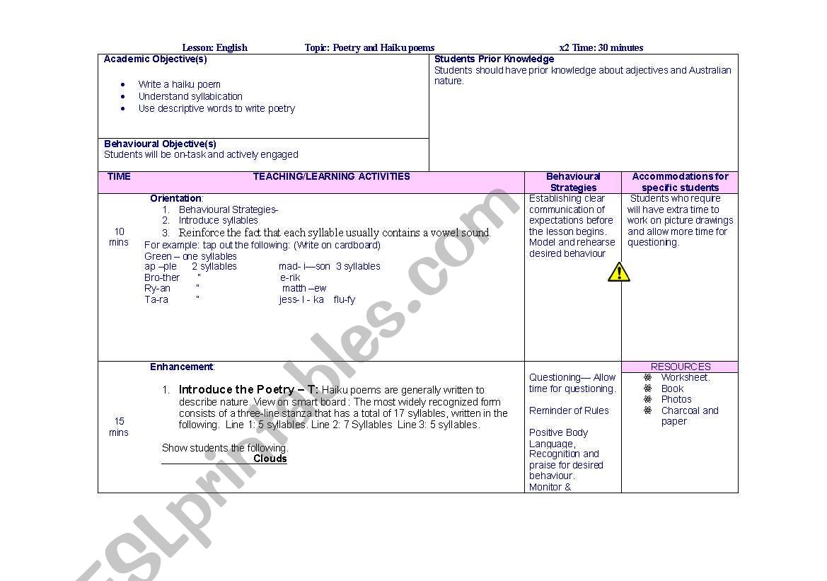 English lesson plan worksheet