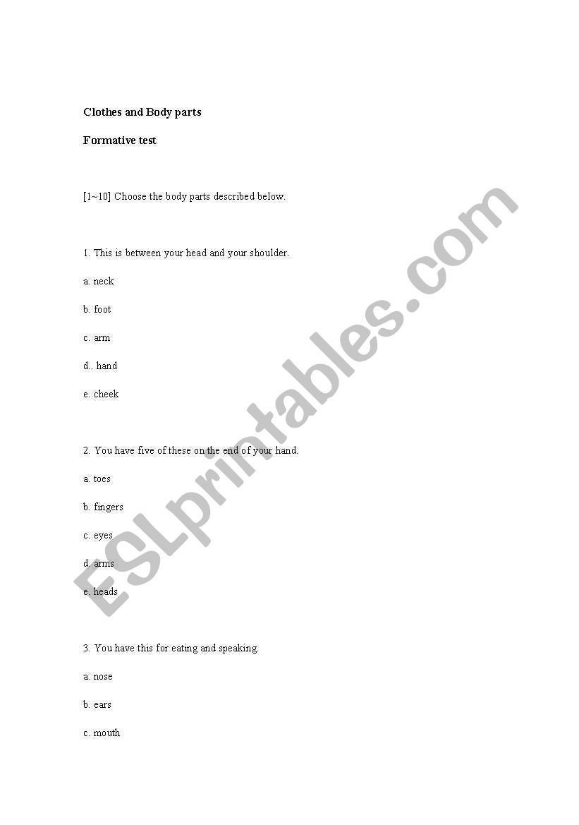 Body parts and Clothes formative test