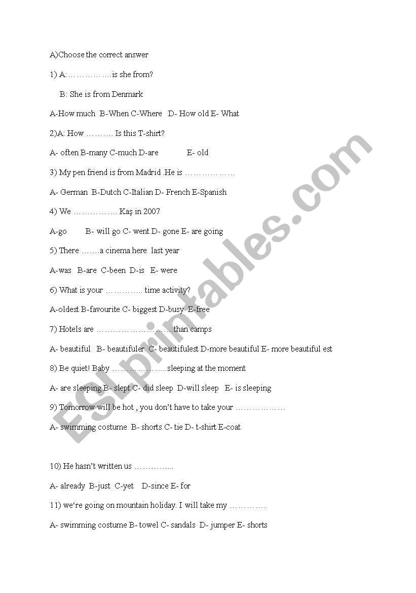 multiple choice questions worksheet