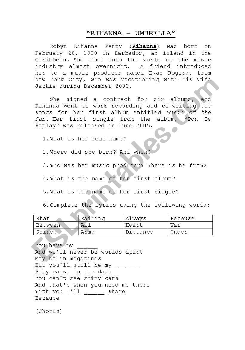 RIHANNA - UMBRELLA worksheet