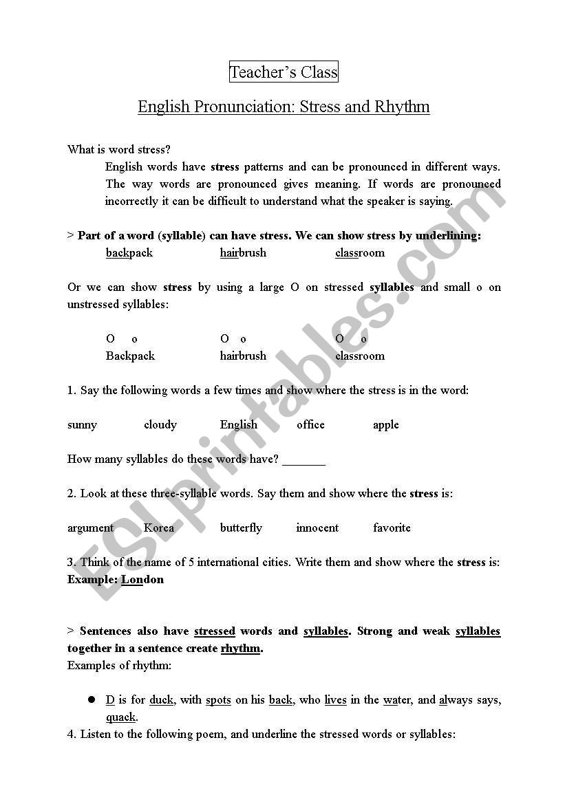 Adult class - Pronunciation Stress and Rhythm