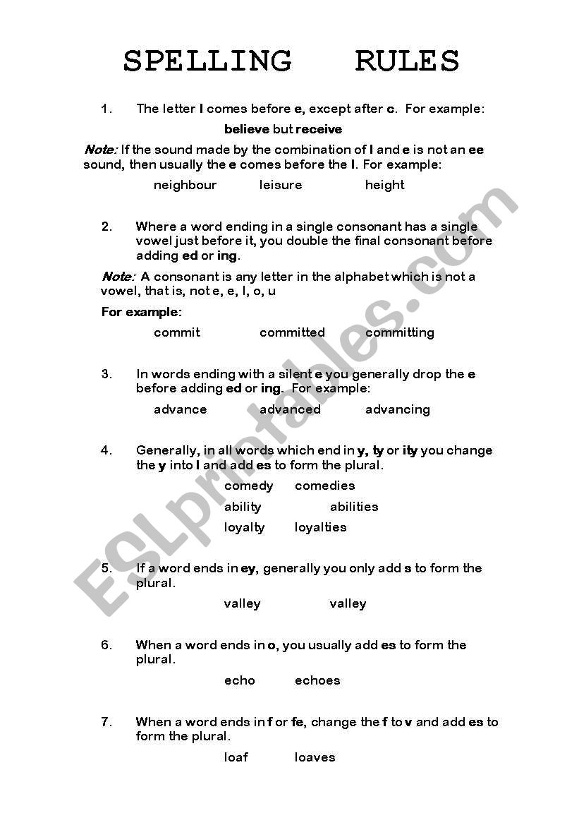 Spelling rules and traps worksheet