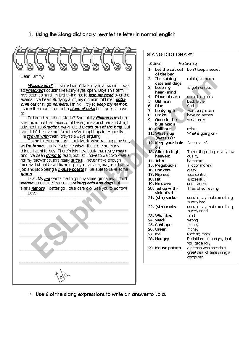 A letter in slang worksheet