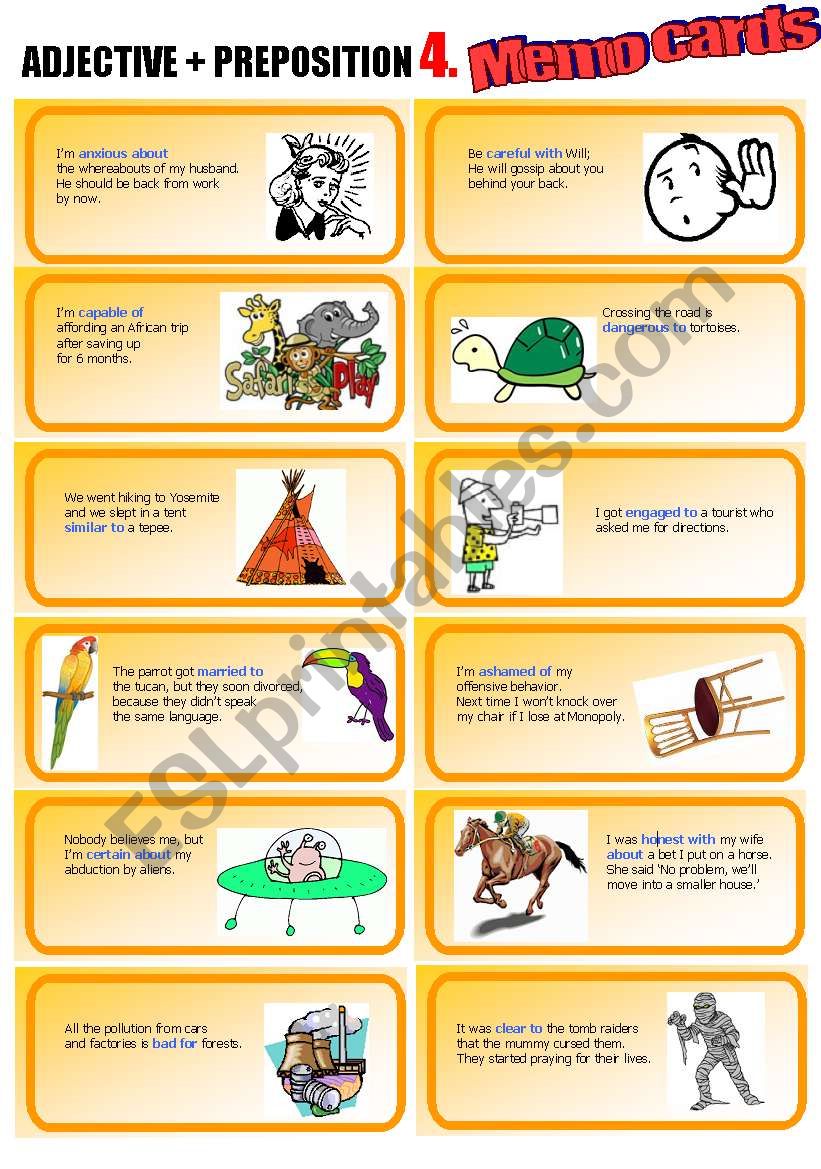 Adjective+Preposition Part 4: Memo Cards (bad FOR, dangerous TO, capable OF, etc.)