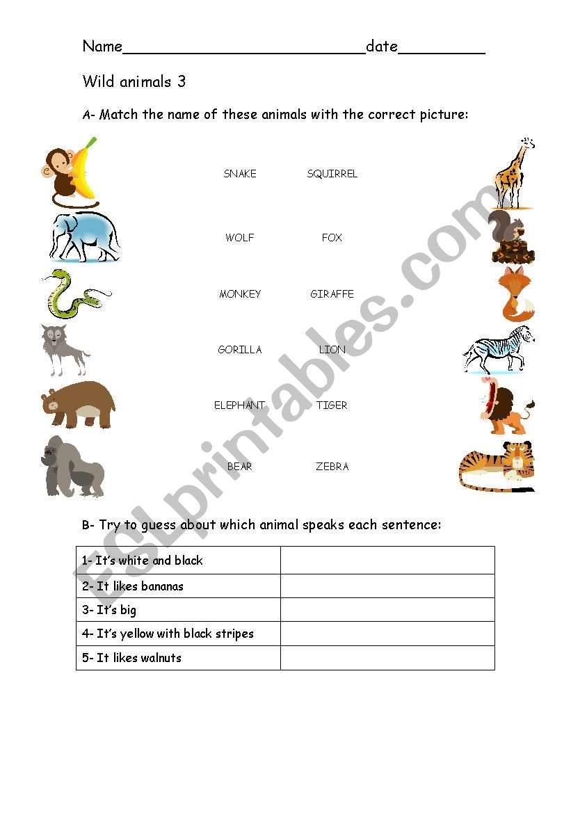 Wild animals 3 worksheet