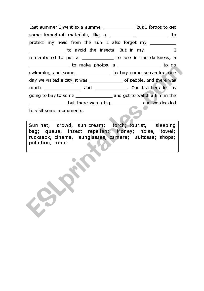 summer holidays gap filling worksheet