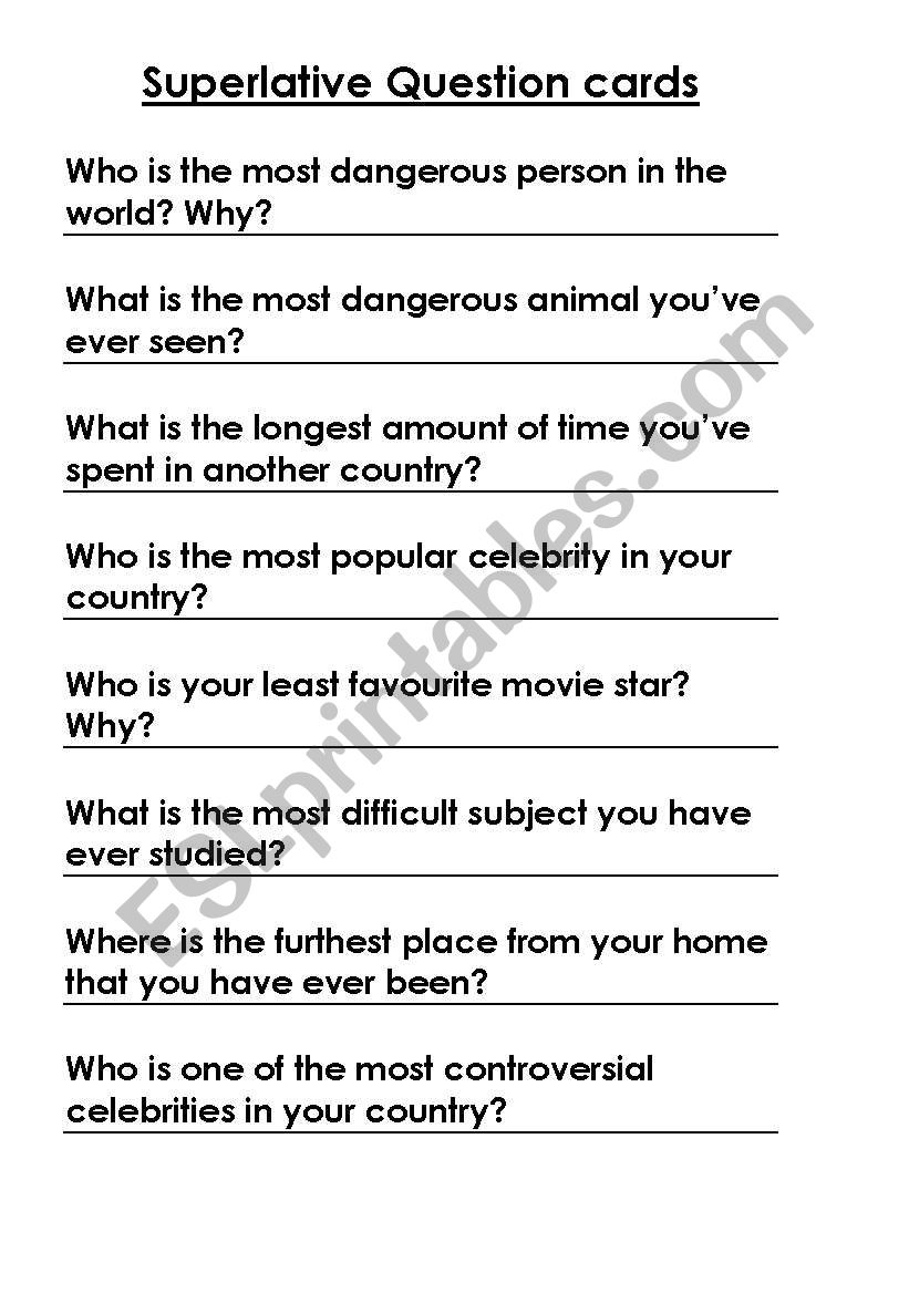 Superlative question cards worksheet