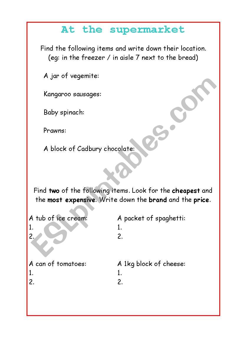 At the supermarket worksheet