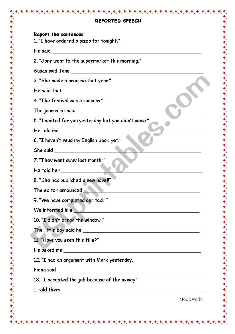 reported speech review exercises