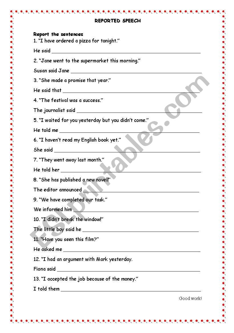 Reported Speech worksheet