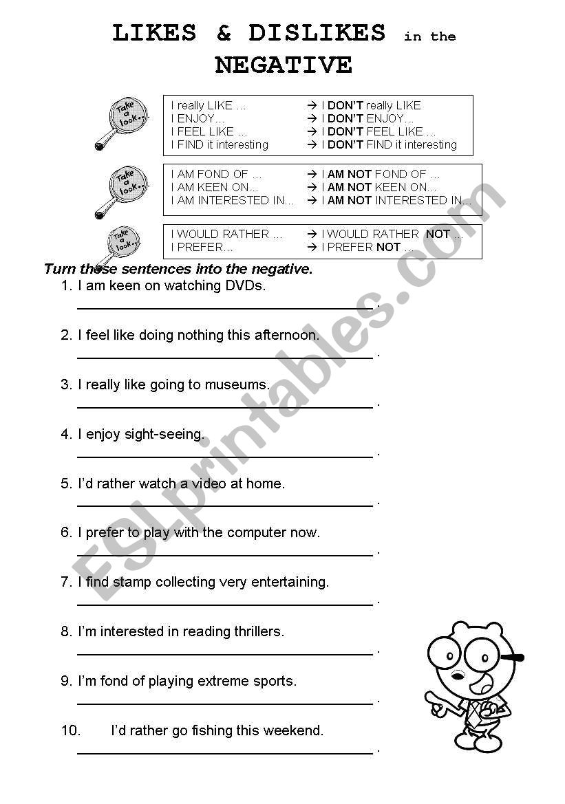 Verbs expressing LIKES & DISLIKES in the NEGATIVE