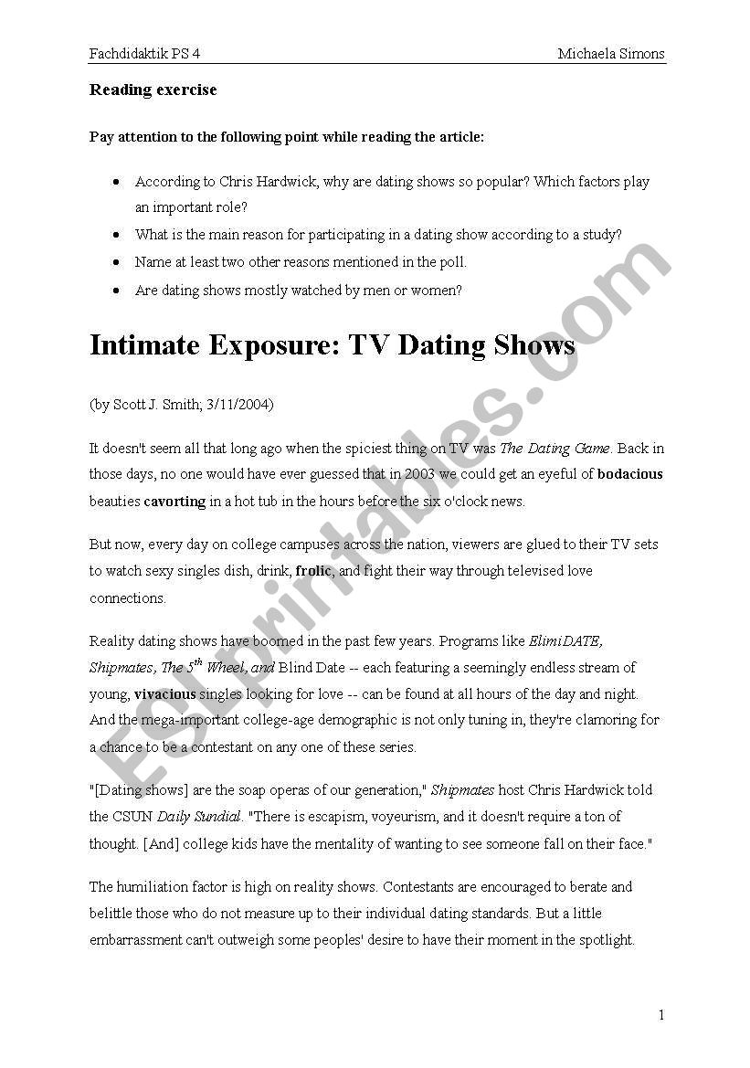 dating shows article worksheet