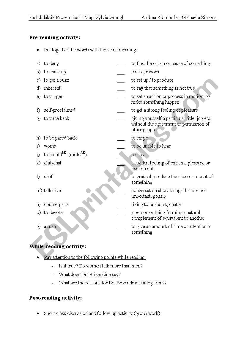 pre-reading vocabulary exercise and while-reading exercise on gender prejudices