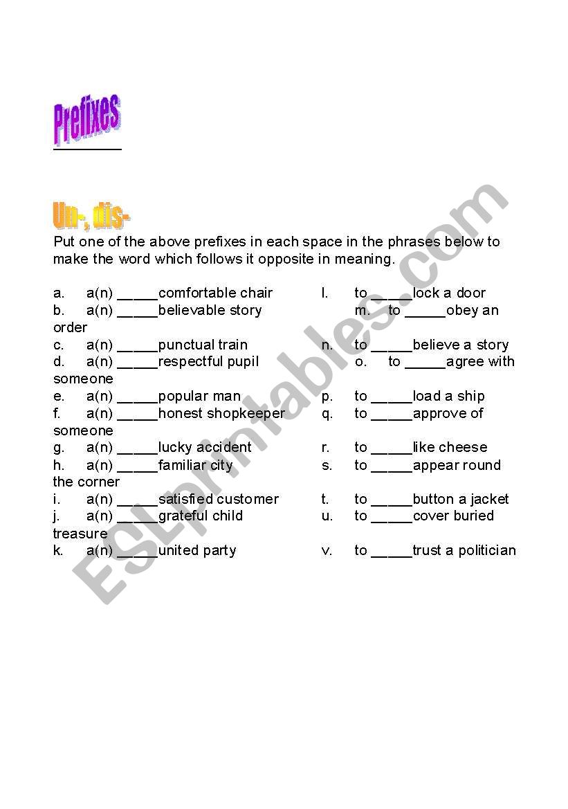 prefixes un, dis, etc... worksheet