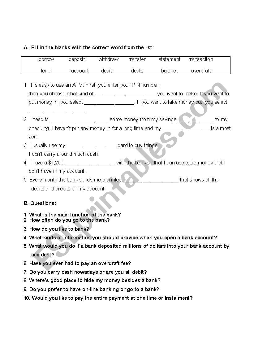 bank english worksheet